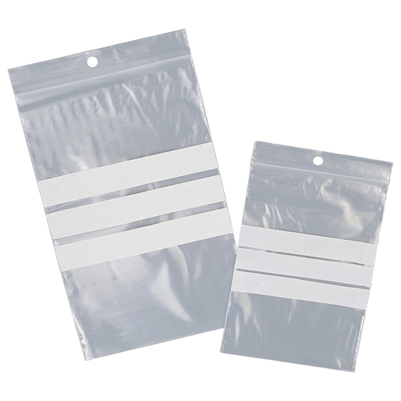 Sacchetto zip con bande scrivibili e foro 100 x 150 mm 50 micron PE Viva conf. 100 pezzi
