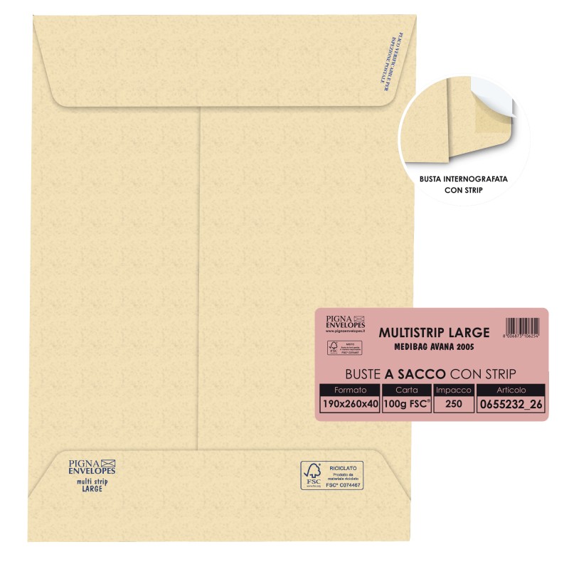 Busta a sacco Multi Strip Large soffietti laterali strip adesivo 19 x 26 x 4 cm 100 gr carta riciclata FSC avana Pigna