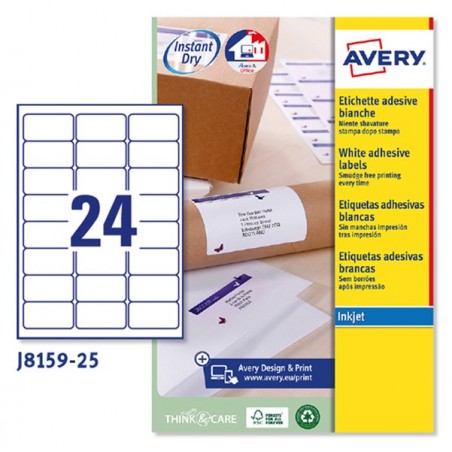 Etichette adesive J8159 in carta angoli arrotondati inkjet permanenti 63,5 x 33,9 mm 24 et/fg 25 fogli bianco Avery