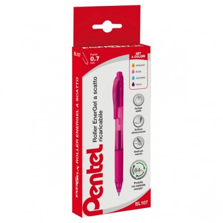 Roller a scatto Energel X BL 107 punta 0,7mm astuccio 4 colori assortiti Pentel