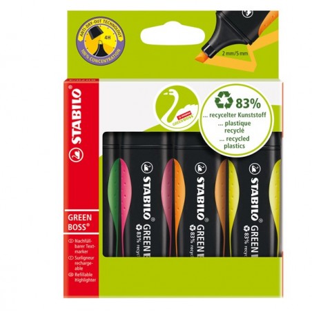 Evidenziatore Green Boss punta a scalpello tratto 2 5 mm colori assortiti 83% plastica riciclata Stabilo astuccio 4 pezzi
