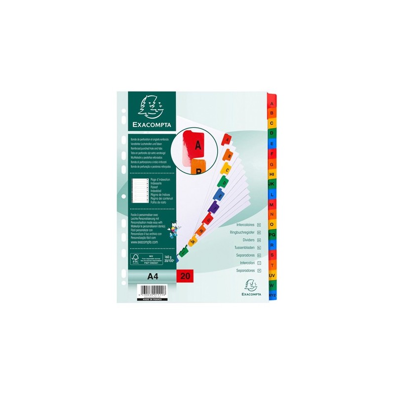 Separatore alfabetico A/Z cartoncino bianco 160 gr tasti colorati A4 Exacompta