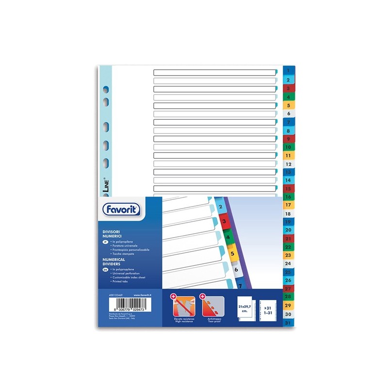 Divisori numerici 31 tacche A4 PP colori assortiti Favorit