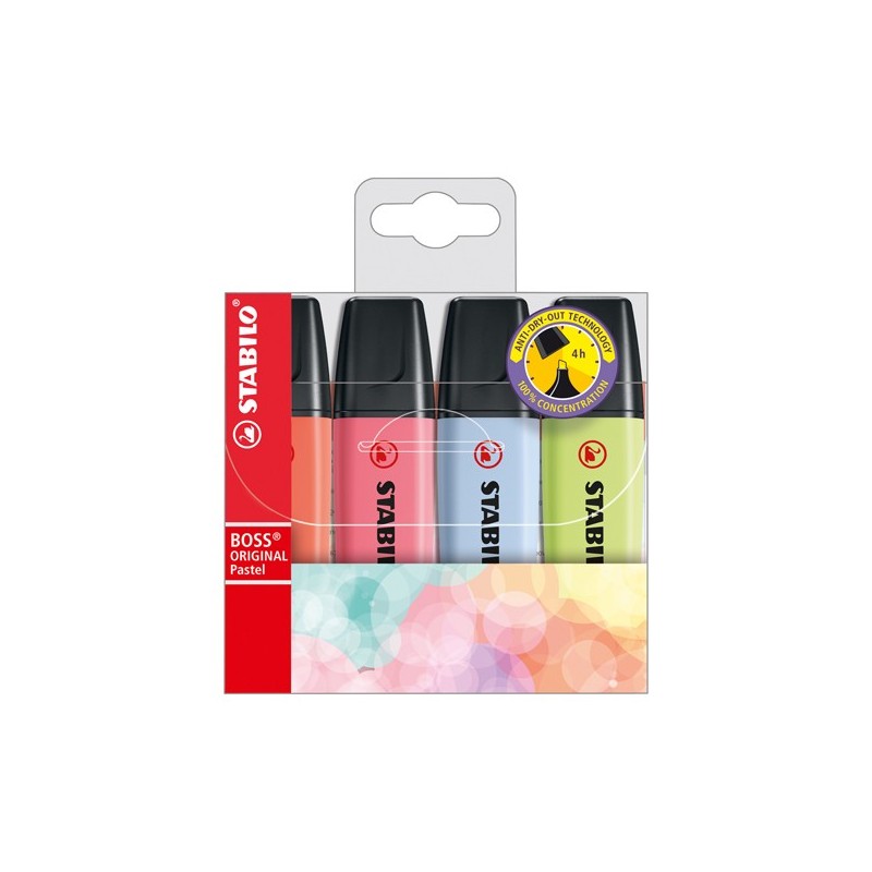 Evidenziatori Stabilo Boss Pastel punta a scalpello tratto 2 5 mm colori assortiti Stabilo astuccio 4 pezzi
