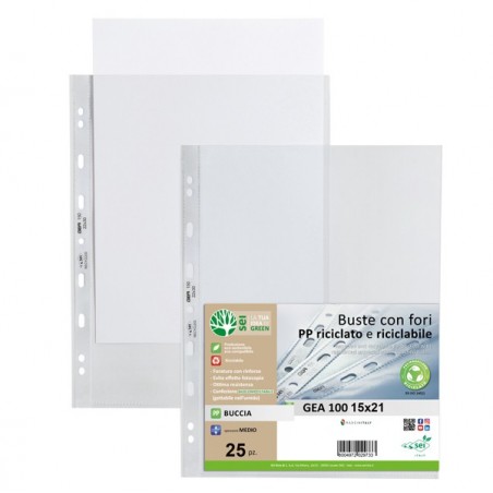 Buste forate Gea 100 PP riciclato buccia medium 15 x 21 cm Sei rota conf. 25 pezzi